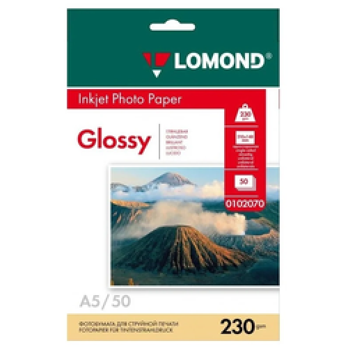 Фотобумага LOMOND Одностороняя Глянцевая, 230г/м2, A5(21x15)/50л.